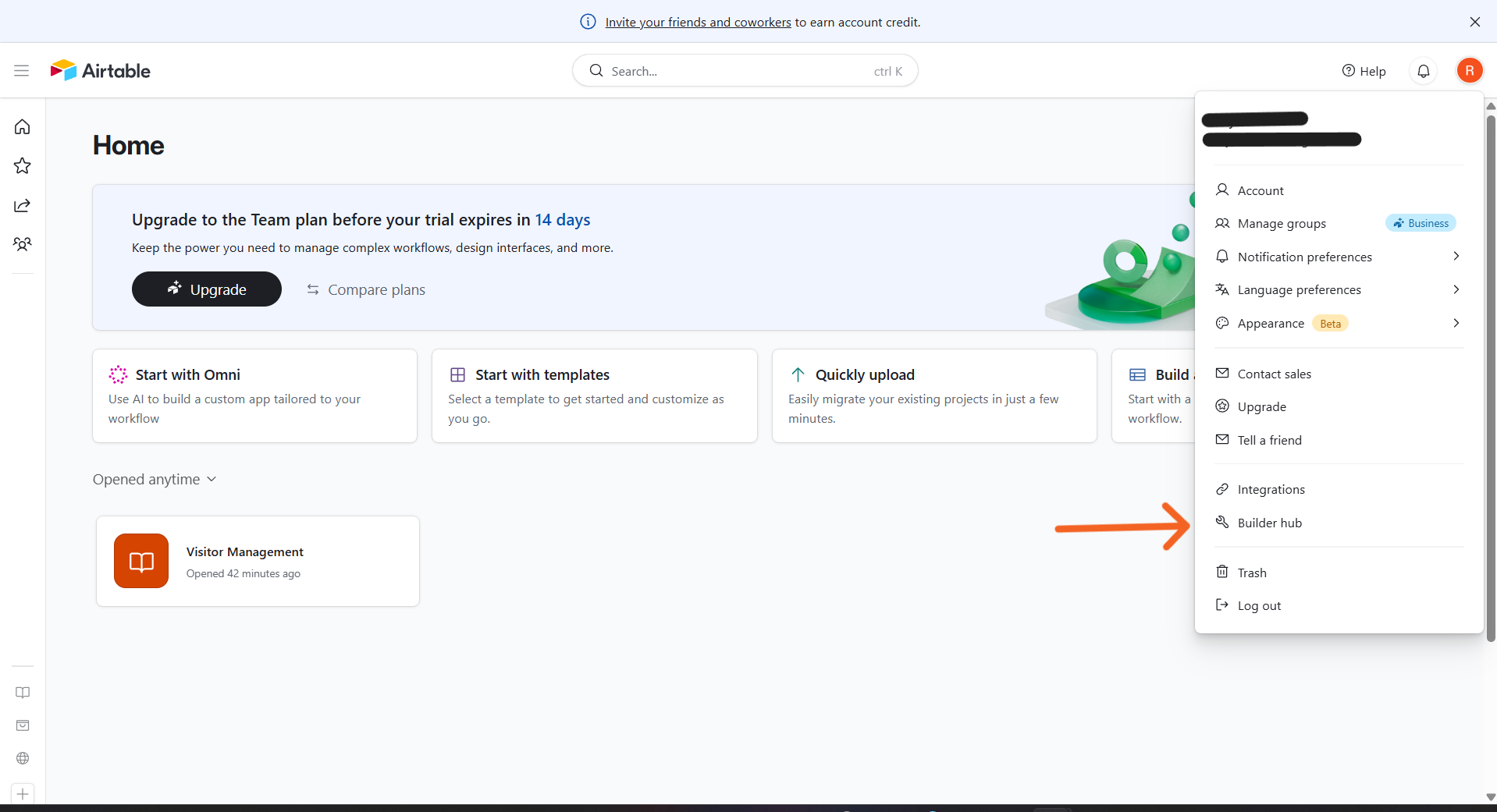 Airtable account menu open