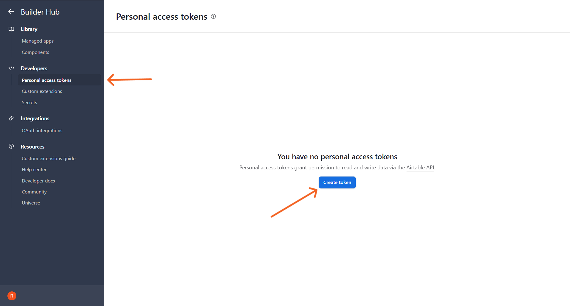 Airtable Personal access tokens empty state