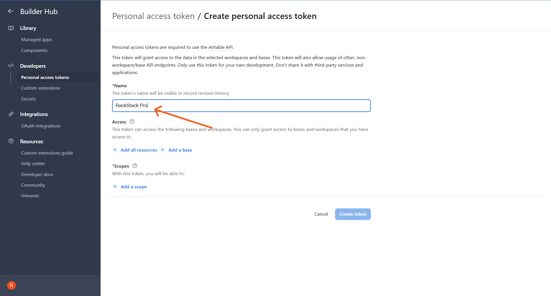 Airtable create token form with a name entered