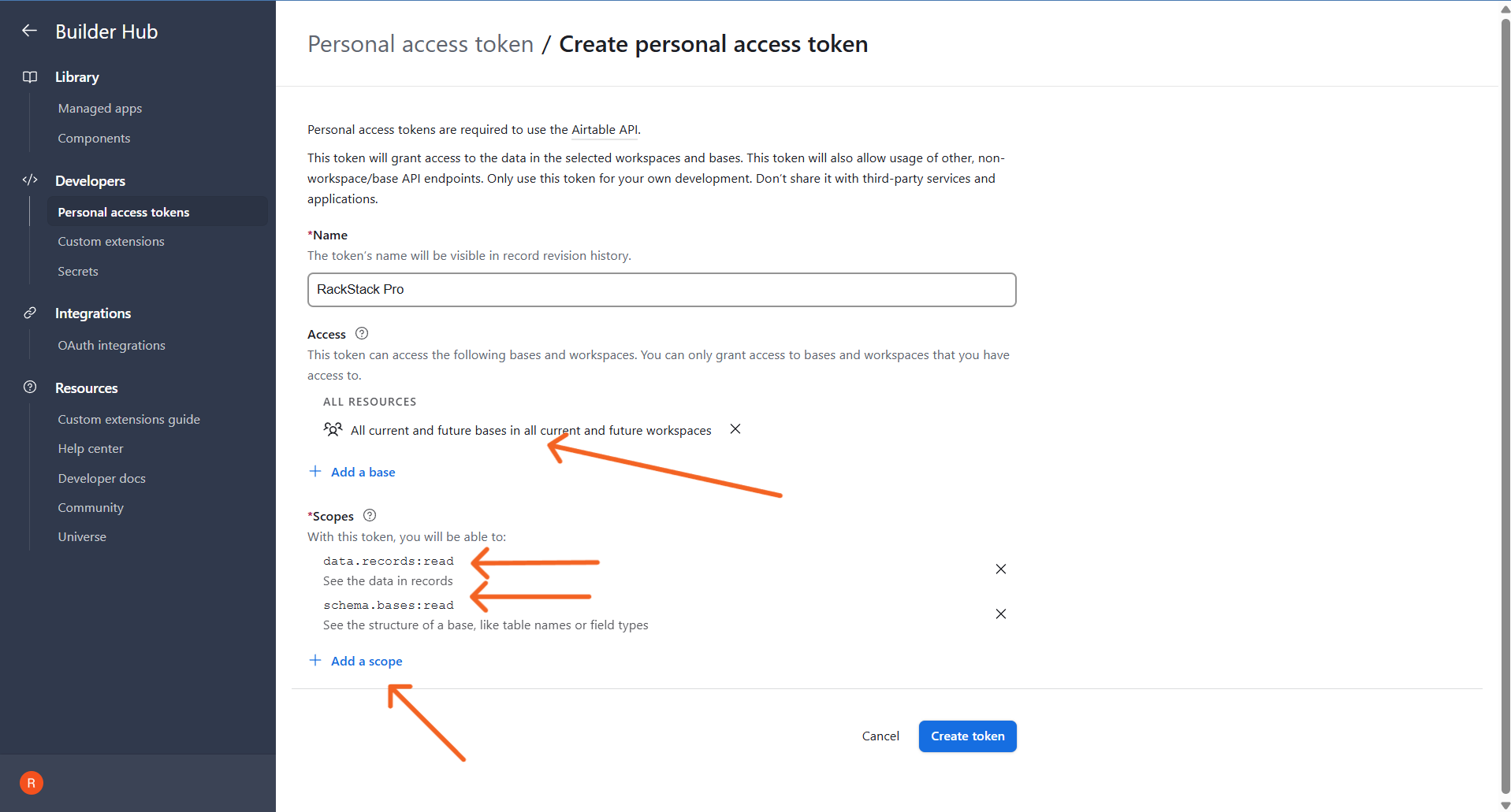 Airtable create token form with all resources and both read scopes