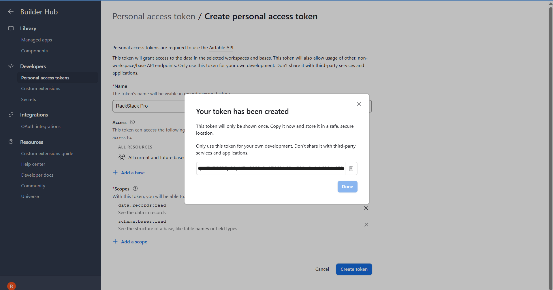 Airtable token created dialog with a copy button