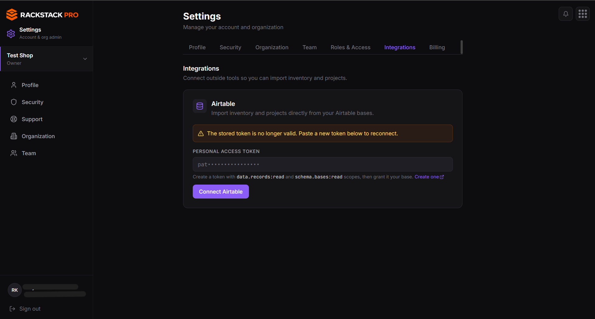 RackStack Pro Settings → Integrations, Airtable card